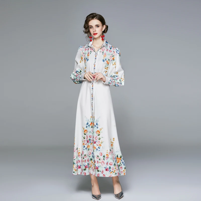 Designer Runway Spring Bohemian Maxi Dress Women\'s Long Sleeve Single Breasted Vintage Floral Print Elegant Long Dress With Belt