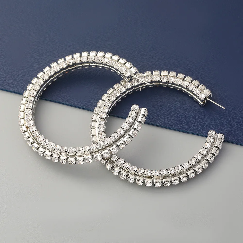 Boucles d'Oreilles en Clip Empilé Exagéré pour Femme, Grand Cerceau Rond, Strass de Luxe, en Forme de C, Cadeau de ix