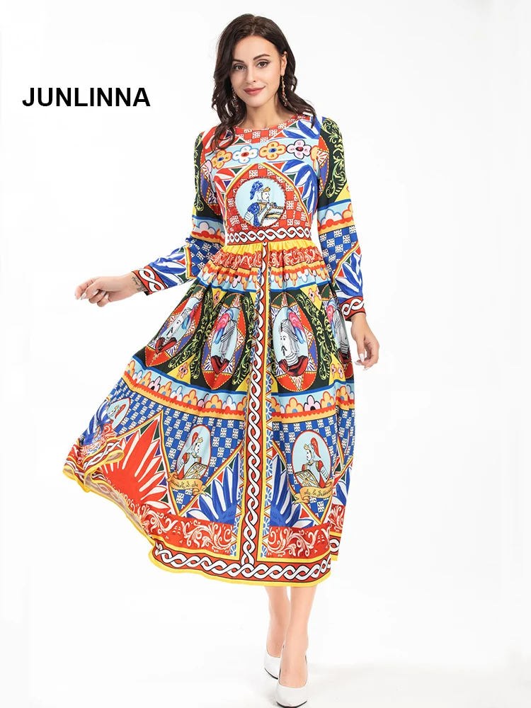 JUNLINNA Fashion New Runway Dress Sicilian Vintage Printing Vestidos Beads Women Party Expansion Long Vestidos