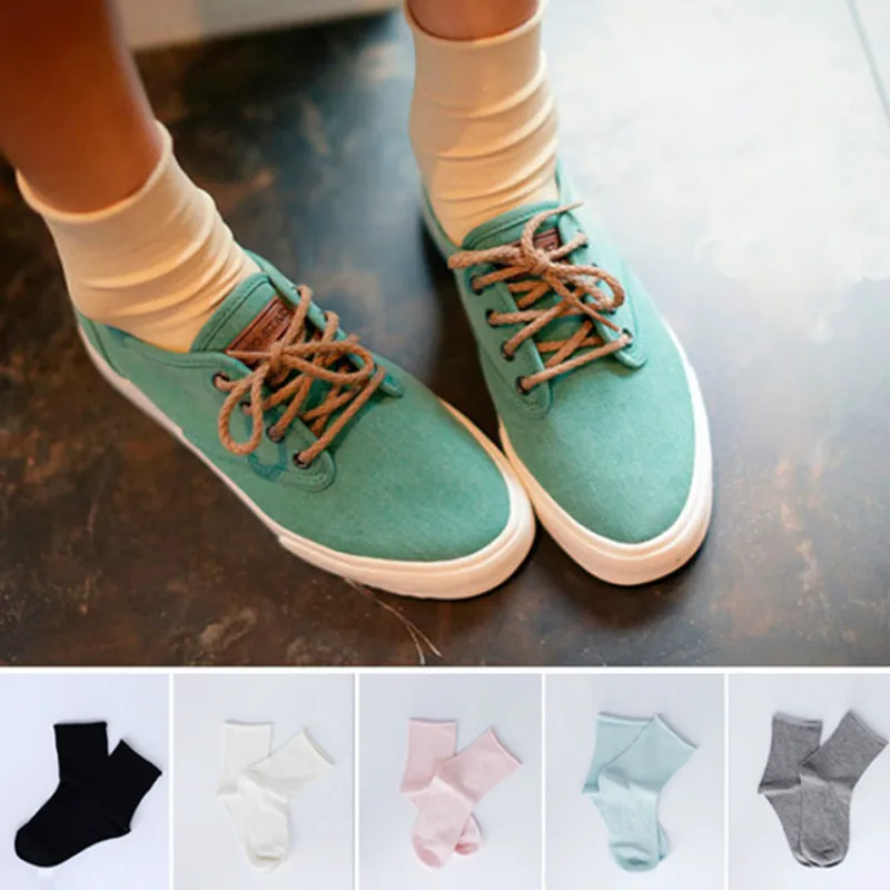 Children Sock Pring Summer Combed Cotton Roll Edge Sox Women's Cotton Candy Color Edge Pure Color Socks Mixed 5pair/lot