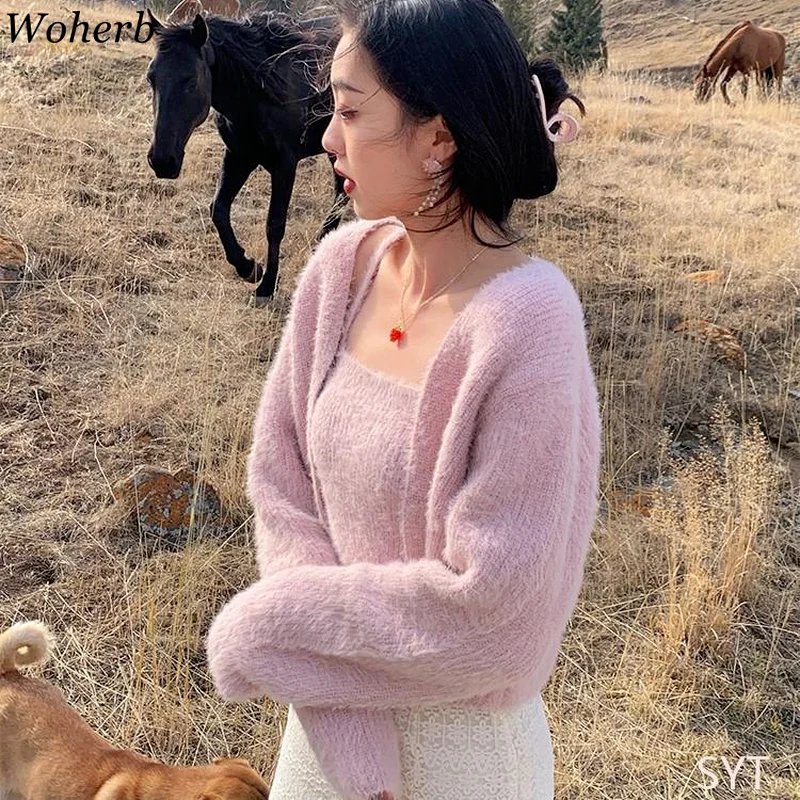 Woherb Women Mohair Two Piece Set Korean Spring Autumn Crop Tank Strap Vest + Thin Long Sleeve Knitted Cardigan Pull 2024 Chic