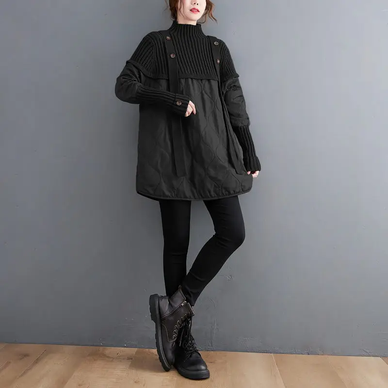 Mid-Length High Neck Knitted Sweater Stitching Cotton Padded Jacket Women Winter 2021 New Loose Thick Warm Pullover Coat M1610