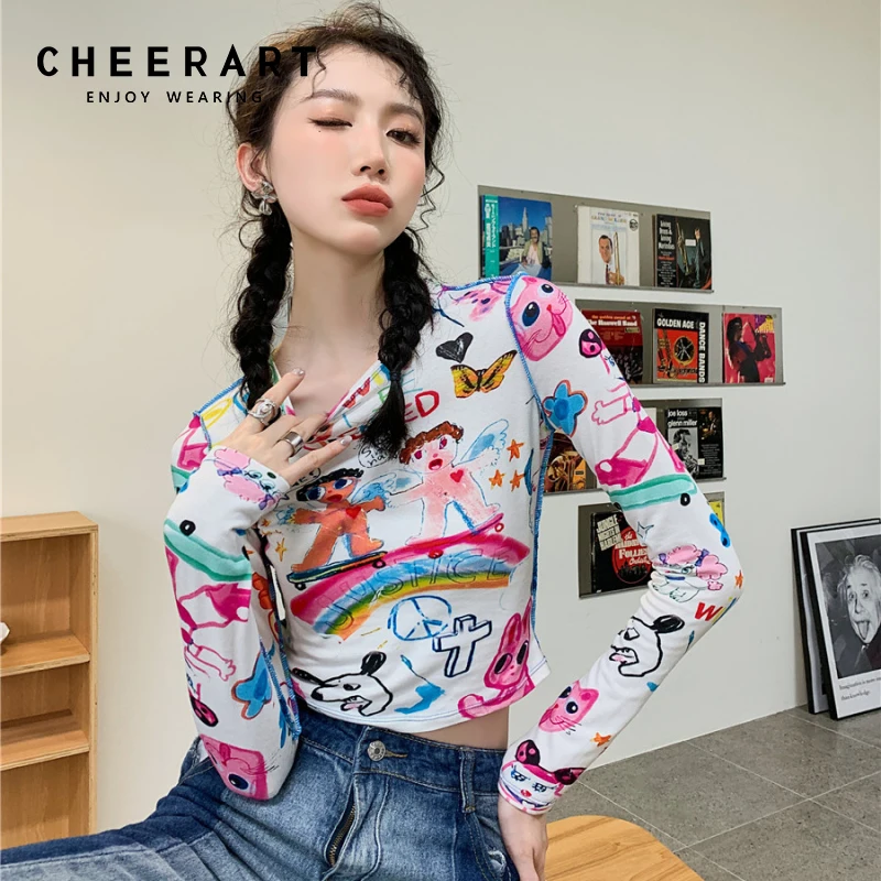 CHEERART Graffiti Y2k Long Sleeve Crop Top Kawaii Funny T Shirt Women Aesthetic Clothes Stitch Designer Fall 2021 Fashion Tops