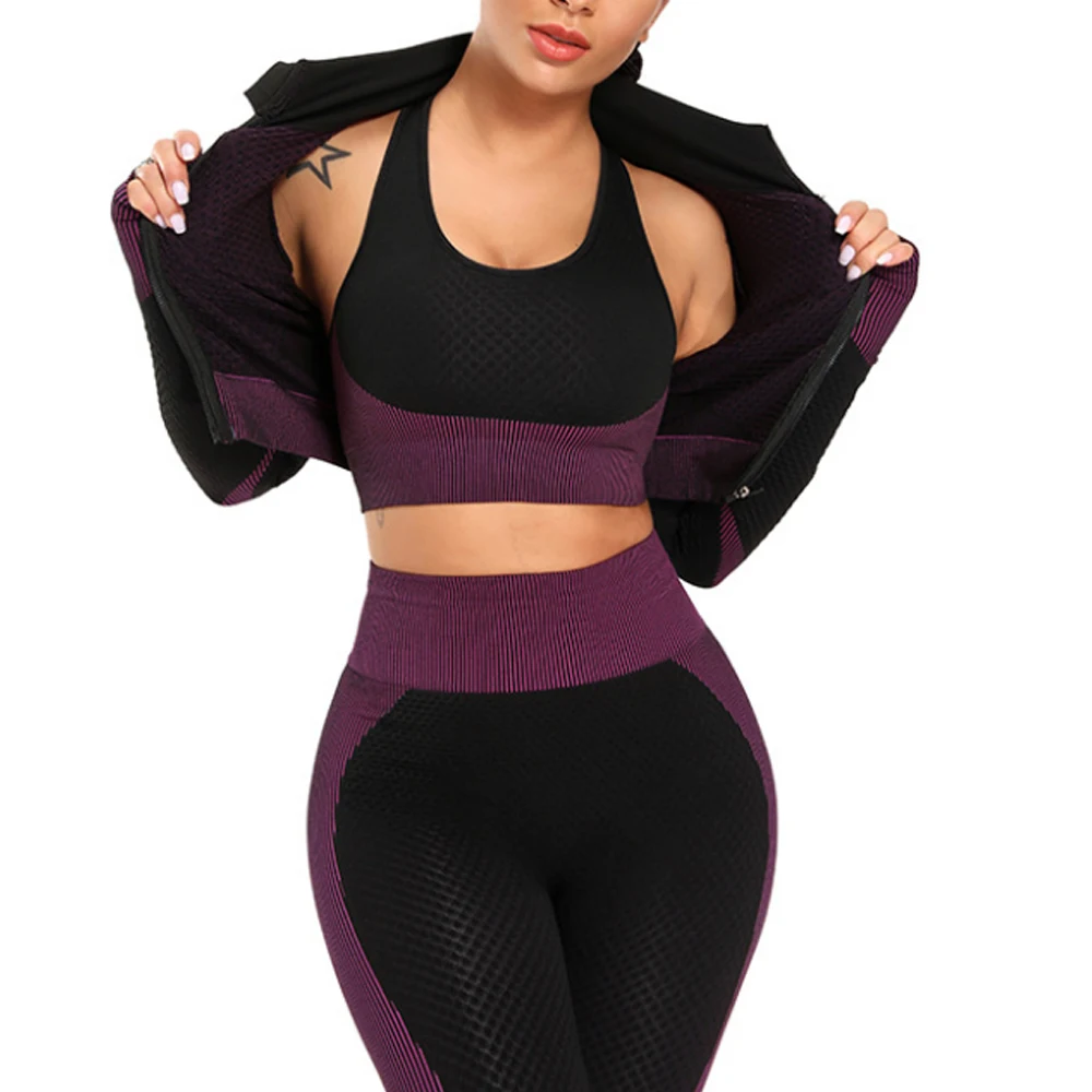 Women Yoga Set Gym Clothing Sport Fitness Suit Running Clothes Zip Long sleeves top+ Leggings Female Seamless Gym Yoga Bra Suits