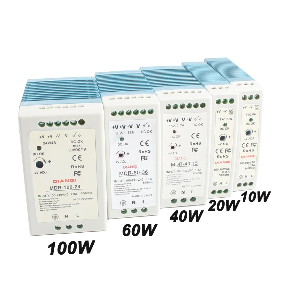 High Quality Din Rail Power Supply Switch 10W 20W 40W 60W 100W Output 5V 12V 15V 24V 36V 48V DIANQI Switching MDR-60-24 MDR-20-5