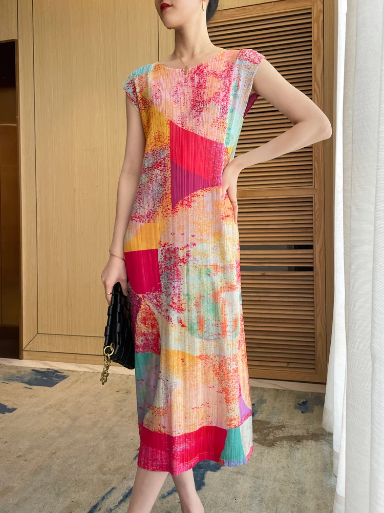 2022 Summer Miyake pleated art Fan Guofeng retro printed waisted women's dresses