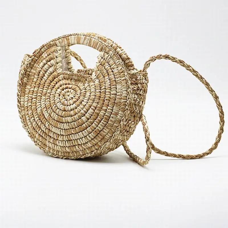 Textured Round Straw Bag Beach Boho French Market Strawbag Women Weave Shoulder Bag Round Summer Beach Purse And Handbags