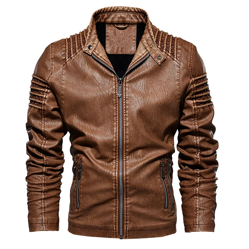 Men's Winter Thick Fleece Leather Jacket Motorcycle Slim Fit Business Oblique Zipper Jacket Outwear Warm Coats M-5XL