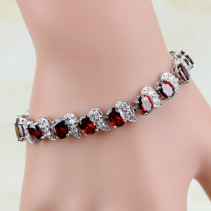 Classic Red Garnet White Cubic Zirconia Charm 925 Sterling Silver Chain Link Bracelet For Women Free Gift Box