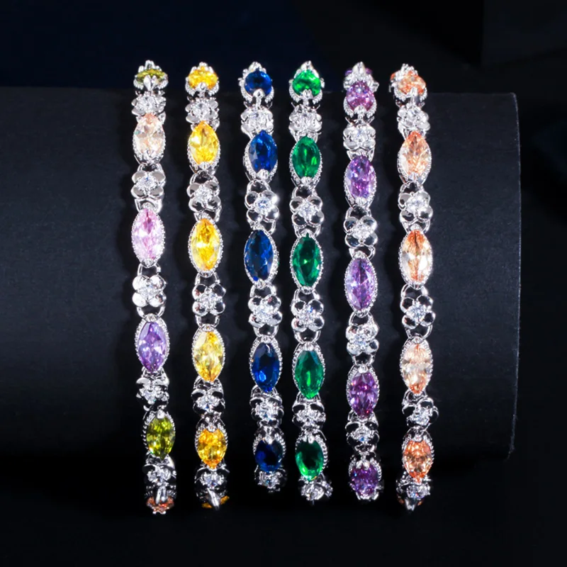 Pera Elegant Champagne Marquise Cut Cubic Zirconia Silver Color Flower Connected Bracelets for Women Fashion Party Jewelry B181
