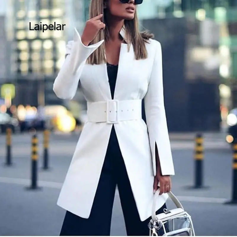 

Women's Jacket Fashion Long Casual Suit Autumn Simple Stand-up Collar Female Blazer White Elegant Office Lady Coat