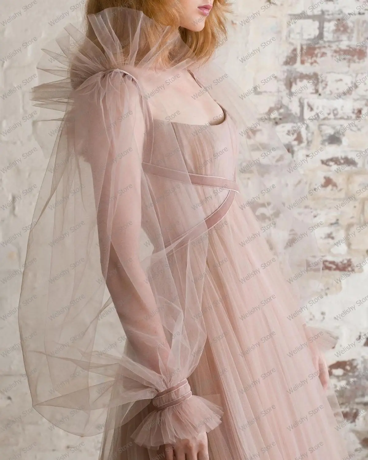 Pretty Nude Pink Draped Tulle Women Dresses Charming See Thru Lantern Sleeve A-Line Floor Length Long Prom-Gowns sukienka