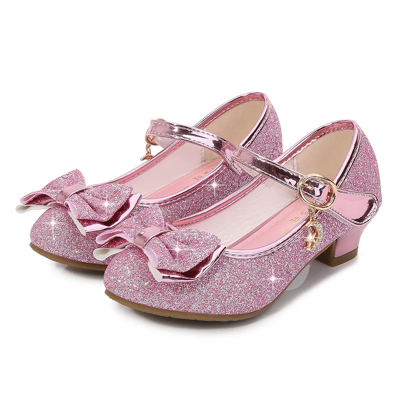 Girls Princess Shoes Butterfly Knot High-Heel Shiny Crystal Shoes Kids Leather Shoes Children\'s Single Shoes Birthday Present