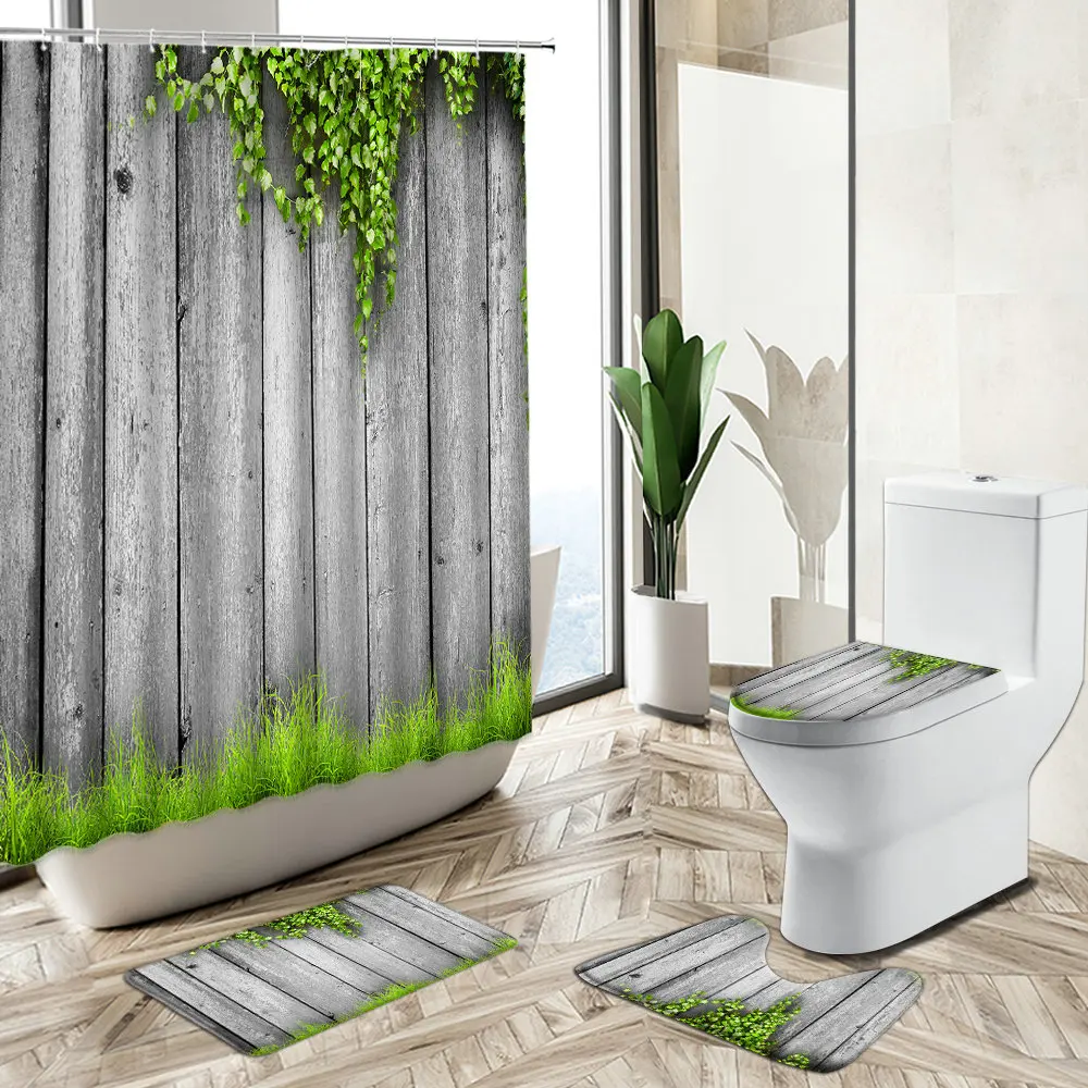 

Retro Old Wooden Board Green Plant Shower Curtain Spring Vine Flower Country Scenery Bathroom Carpet Toilet Cover Floor Mat Set