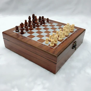 New wooden chess set folding dice domino poker 32 chess pieces built-in storage portable travel board game set for kids children