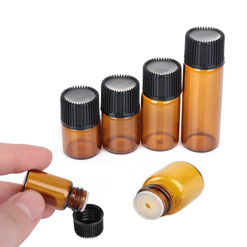 10 Stück Glasflaschen, 1 ml, 2 ml, 2,5 ml, 5 ml, bernsteinfarbene Glasfläschchen, Mini-Flaschen für ätherische Öle mit Öffnungsreduzierer und schwarzem Kunststoffverschluss – Detail 2