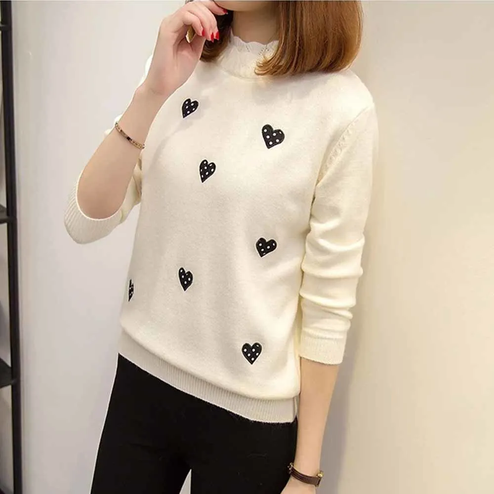 

2022 Autumn Winter Knitted Turtleneck Pullover and Sweater Women Jumper Love Embroidery Cute Sweater Female Pull Fmme