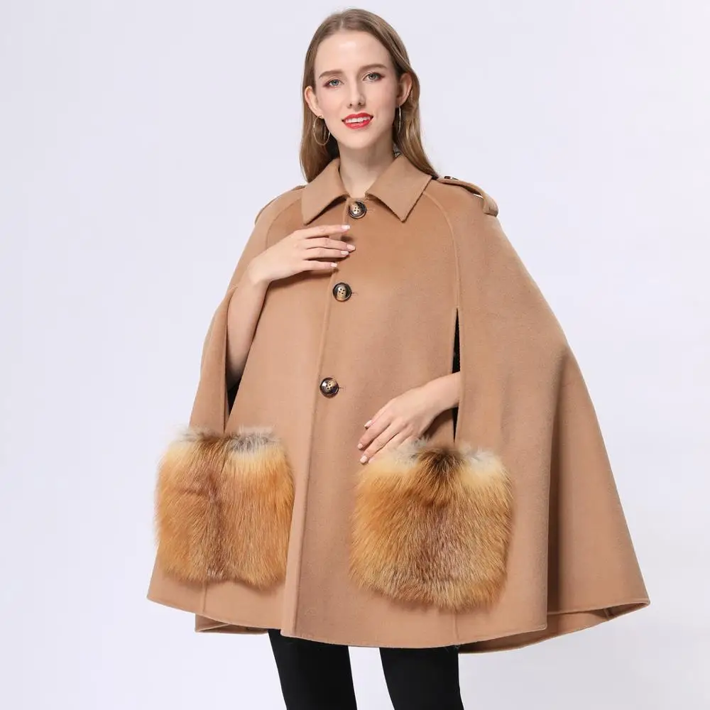 Janefur novos produtos real pele de raposa bolso oversize poncho casaco cashmere inverno moda feminina elegante senhoras pele cape xale