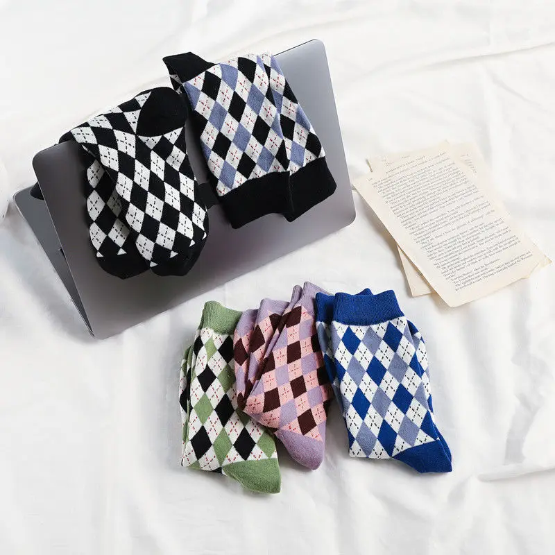 3pcs/set Socks Women Ins All-match Cute Calcetines Mujer Plaid Middle Tube  Breathable Kawaii Comfortable Cotton Vintage New