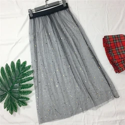 Long Mesh Tulle Skirt Women 2019  Korean Fashion Elegant High Waist Transparent A-line Stars moon Sequin Midi Skirt Female