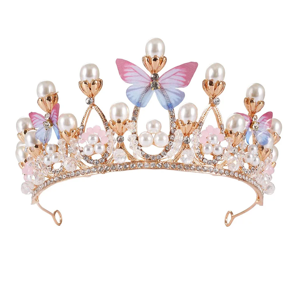 Romantic Butterfly Shape Princess Crown for Girls Handmade Rhinestone Tiara Pearl Headband For Birthday Wedding Model Catwalk