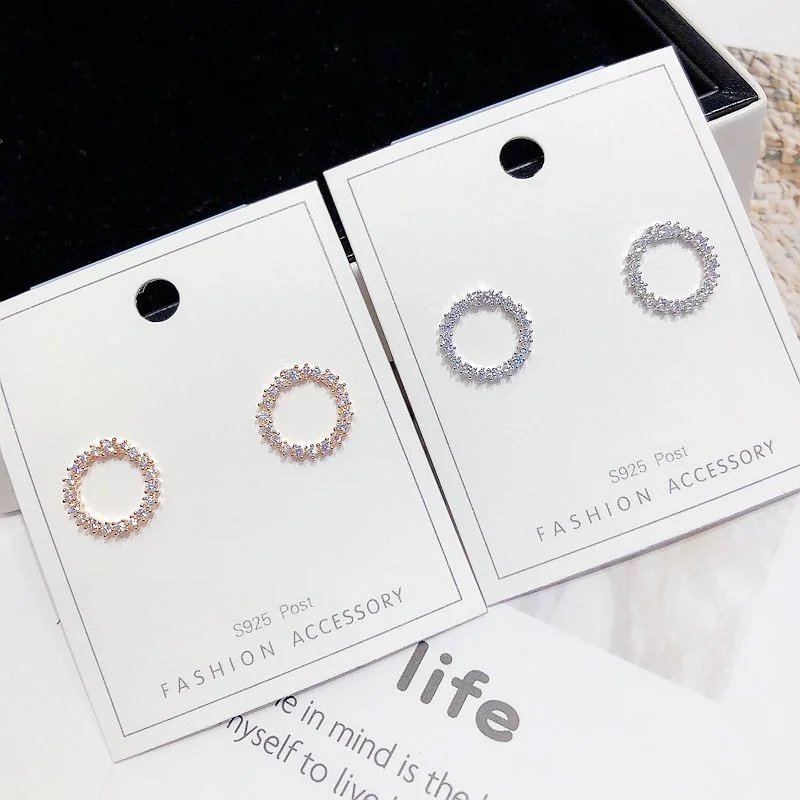 Delicate Simple Design Cubic Zirconia Paved Round Stud Earrings Rose Gold Color CZ Crystal Women Earrings