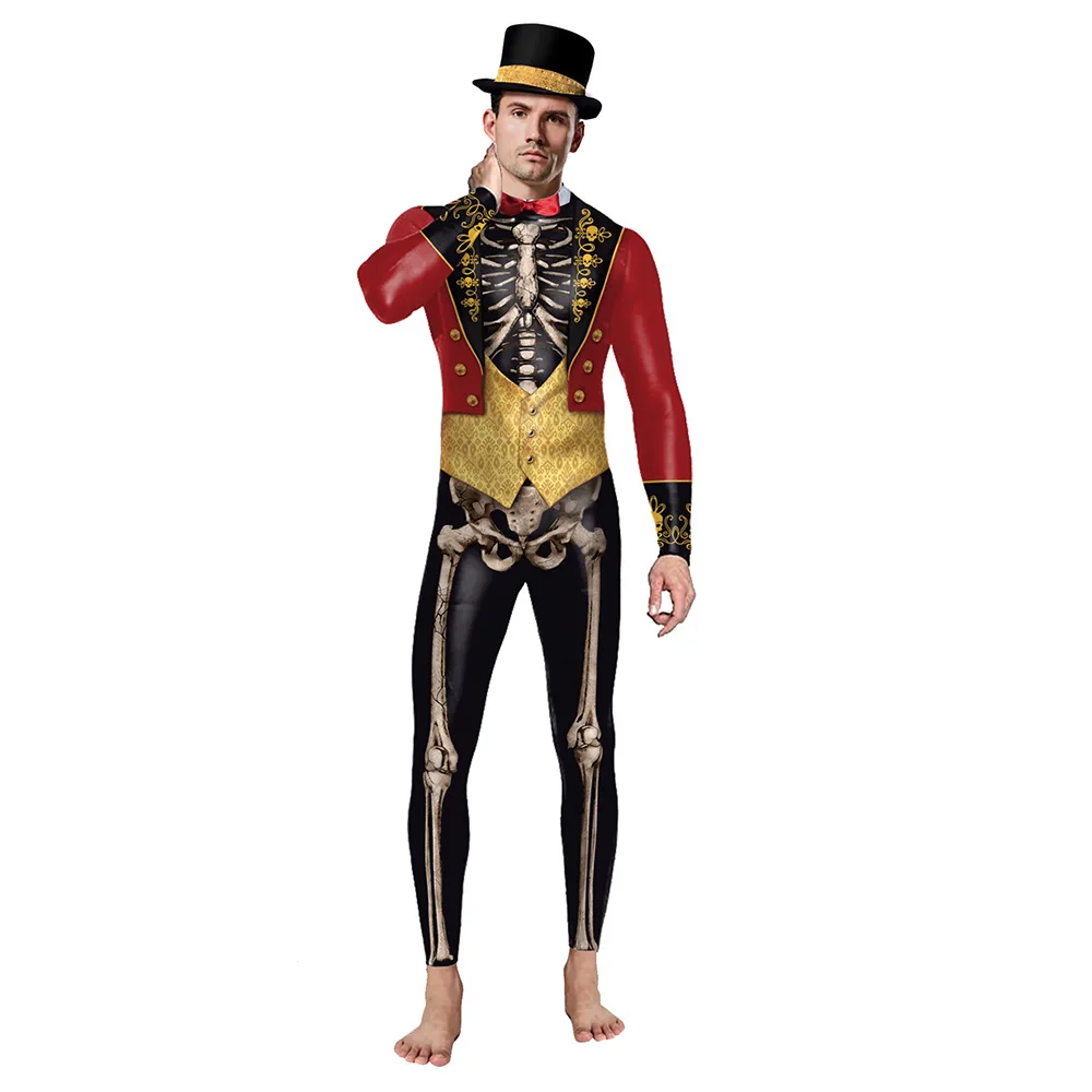 Homens esqueleto impresso assustador macacão festa de halloween cosplay traje adultos fitness bodysuit uma peça c40x41