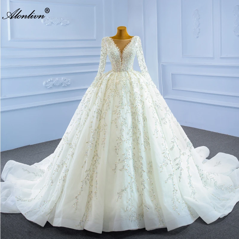 

Alonlivn Lustrous Unique Shiny Sequined Lace Ball Gown Wedding Dresses Full Sleeve Lace Up Elegant Beading Pearls Bridal Gowns