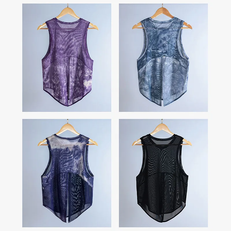 Women Sport Vest Loose Thin Mesh Yoga Shirt Running Fitness Sleeveless T-shirt Quick Dry Forked Tank Tops Gym Workout Tee Blouse