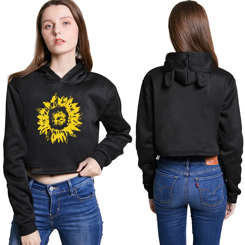 Sudaderas con capucha para mujer, suéter informal de manga larga con Orejas de conejo, jersey de gran tamaño con estampado de girasol, color blanco y negro