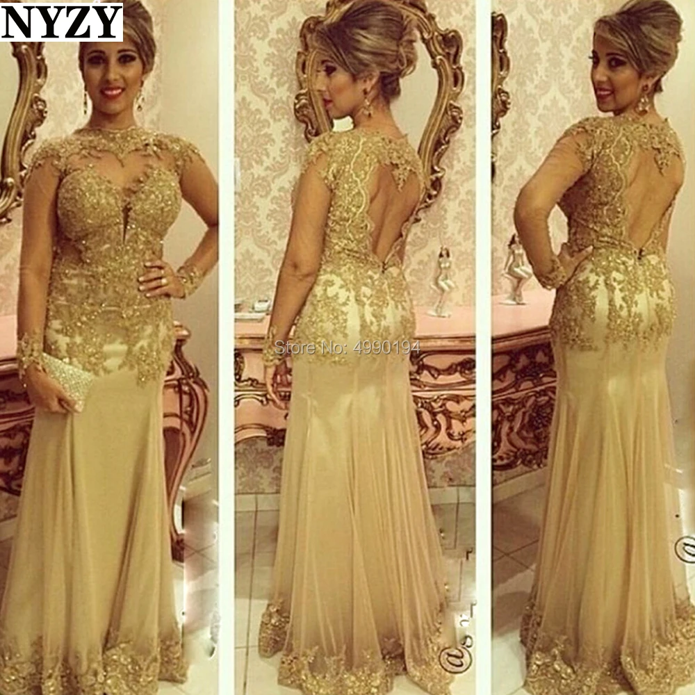 

Beaded Lace Long Sleeves Gold Mother of the Bride Dresses 2020 NYZY M267 Vestidos de Madrina Formal Dress Evening Gown