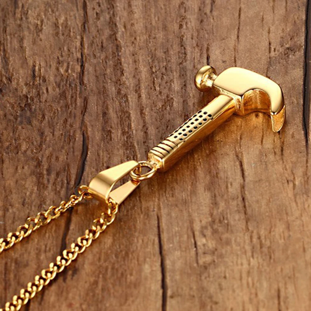 Stainless Steel Gold Hammer Pendant Necklace Men's Repairman Jewelry Gift Necklaces Jewelry For Men Women