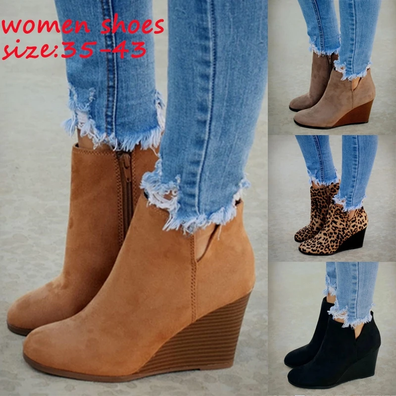 Pointed Toe Booties Winter Women Leopard Ankle Boots Lace Up Footwear Platform High Heels Wedges Shoes Woman Bota Feminina