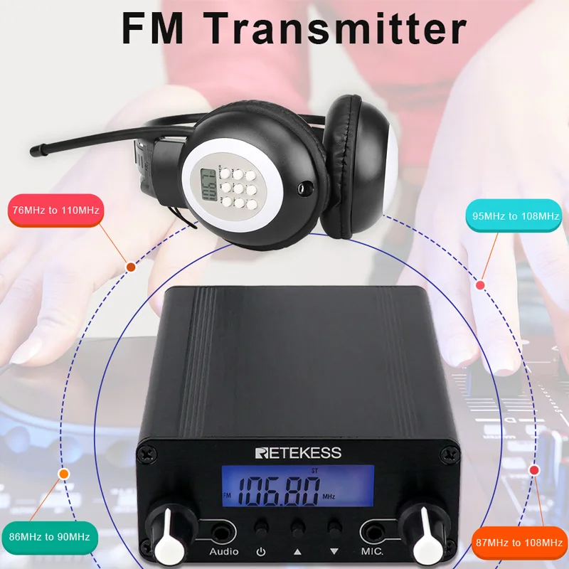 Retekess TR508 Wireless FM Broadcast Transmitter Radio Station+10pcs TR101 Headphone for Drive-in Church Meeting Translation