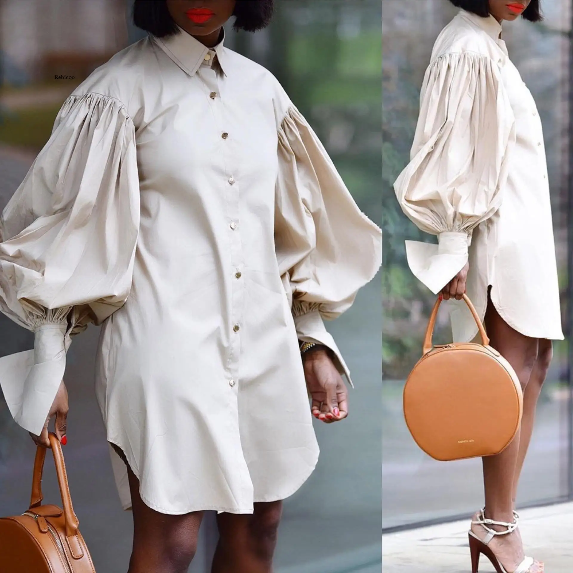 

New Women's New Solid Color Lapel Puff Sleeve Lapel Sexy Shirt Dress