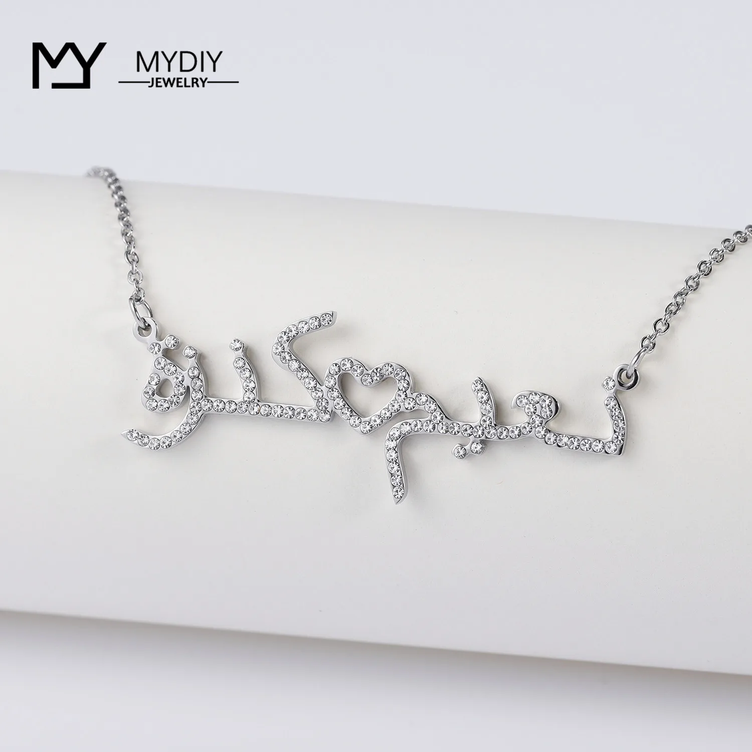 Personalized Arabic Necklace Iced Out Zirconia Custom Heart and Crystal stainless steel choker Do not fade jewelry Women Gifts