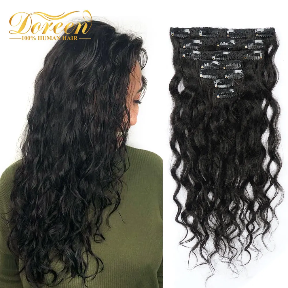 Doreen 120G 7pcs Natural Curly Human Hair Clip in Extensions Machine Remy European Hair Wavy Hairpieces Beachy Wave Clips On