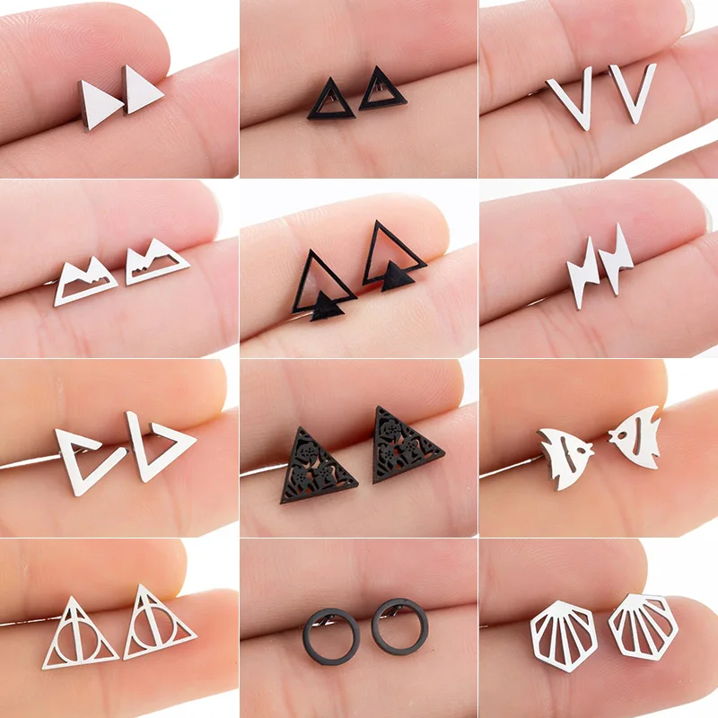 Multiple Black Stainless Steel Triangle Stud Earrings for Women Men Punk Fashion Jewelry 2021 Deathly Hallows Earring Pendientes