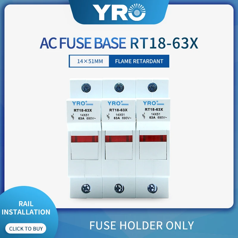 AC 1PC 3P Fuse Base 690V 63A With LED light Matching Fuse 14x51MM R016 only Fuse Base RT18-63X