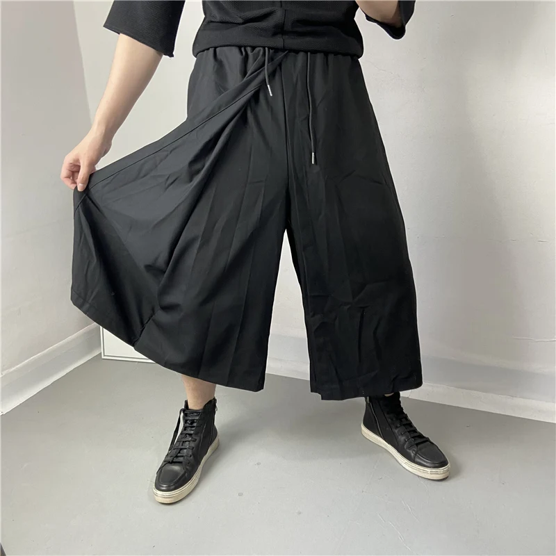 Men's Casual Pants Summer New Solid Color Ultra Loose Wide Leg Pants Elastic Waist Fashion Pants Popular Nine-Minute Pants