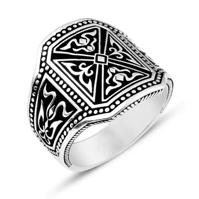 Silver Patterned Men's Ring - 925 Sterling Men's Jewelry Wedding Birthday Gift - Box - - Men - Fashion - Botiva - Size - Turkish - Patterned Embroidery