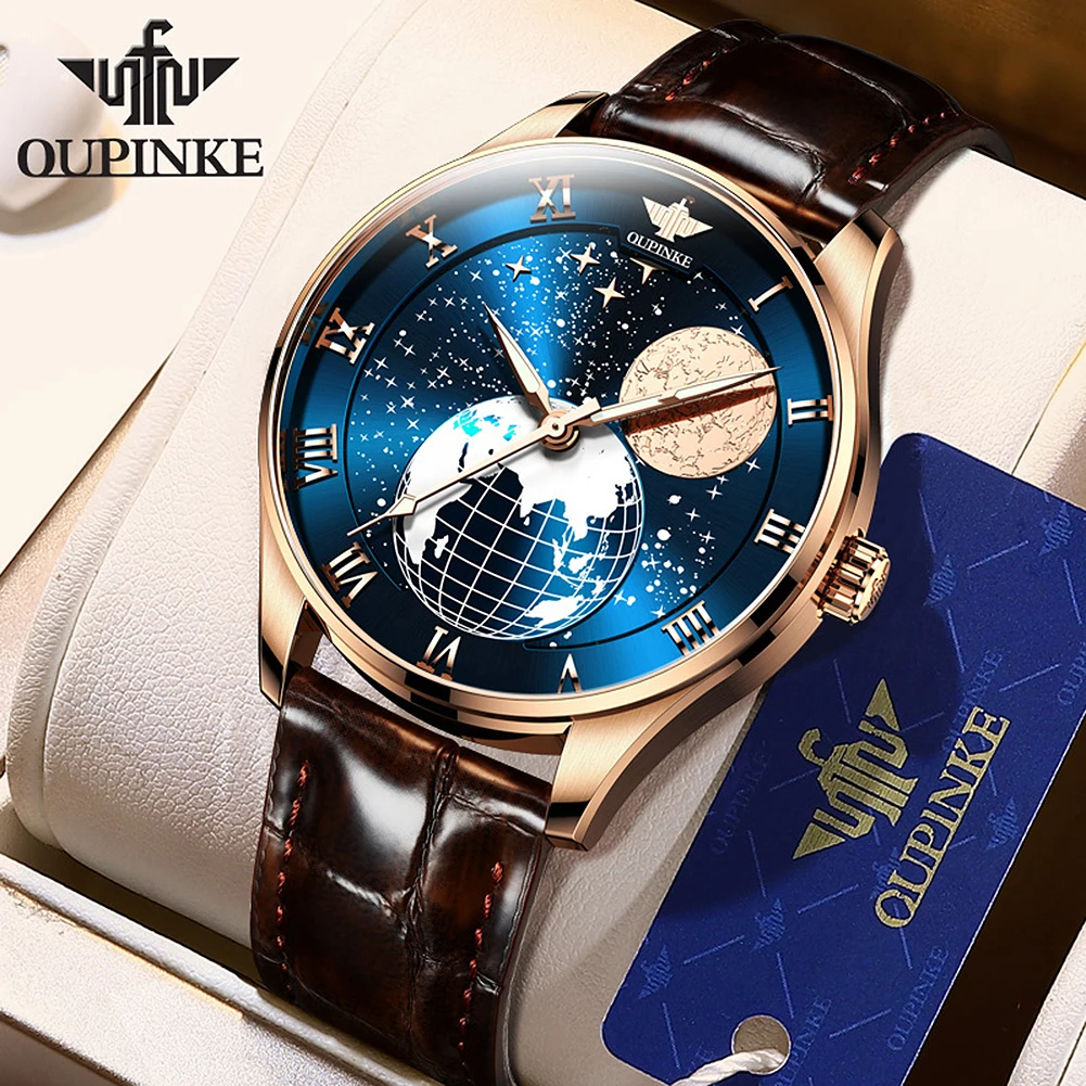 OUPINKE Top Brand Men\'s Watches Starry Dial Moon Phases Fully Automatic Mechanical Watch Luminous Leather Strap Watch for Men