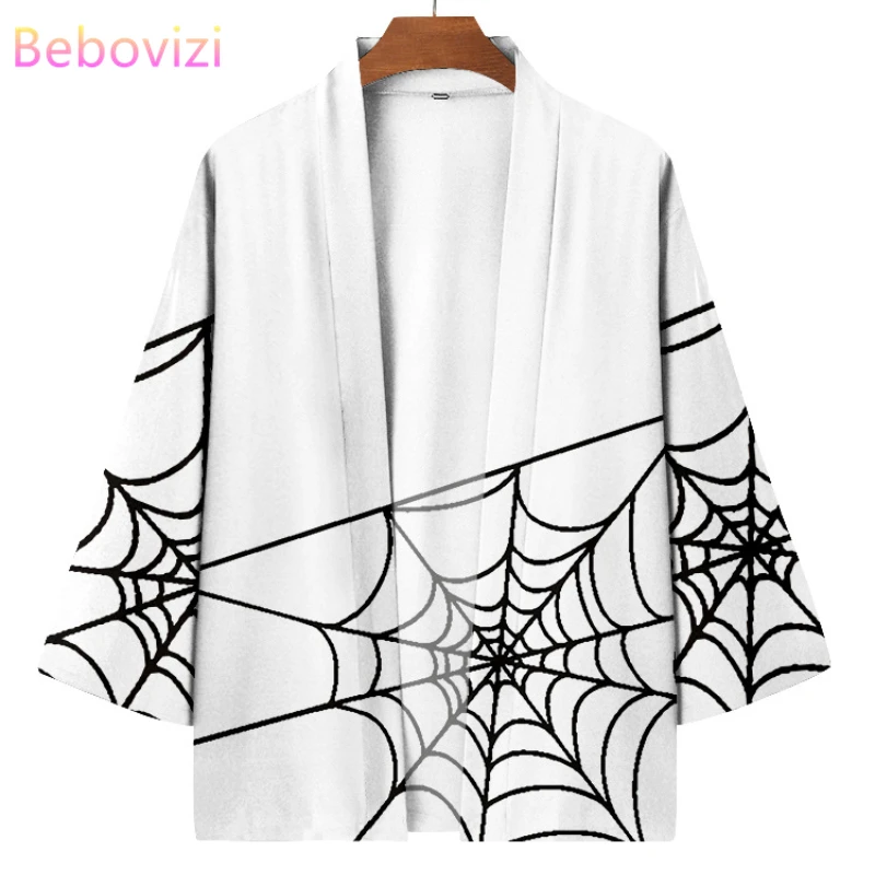 

Fashion Spider Web Print Beach Yukata Women Men Japanese Kimono Harajuku Cardigan Traditional Cosplay Haori White Clothing