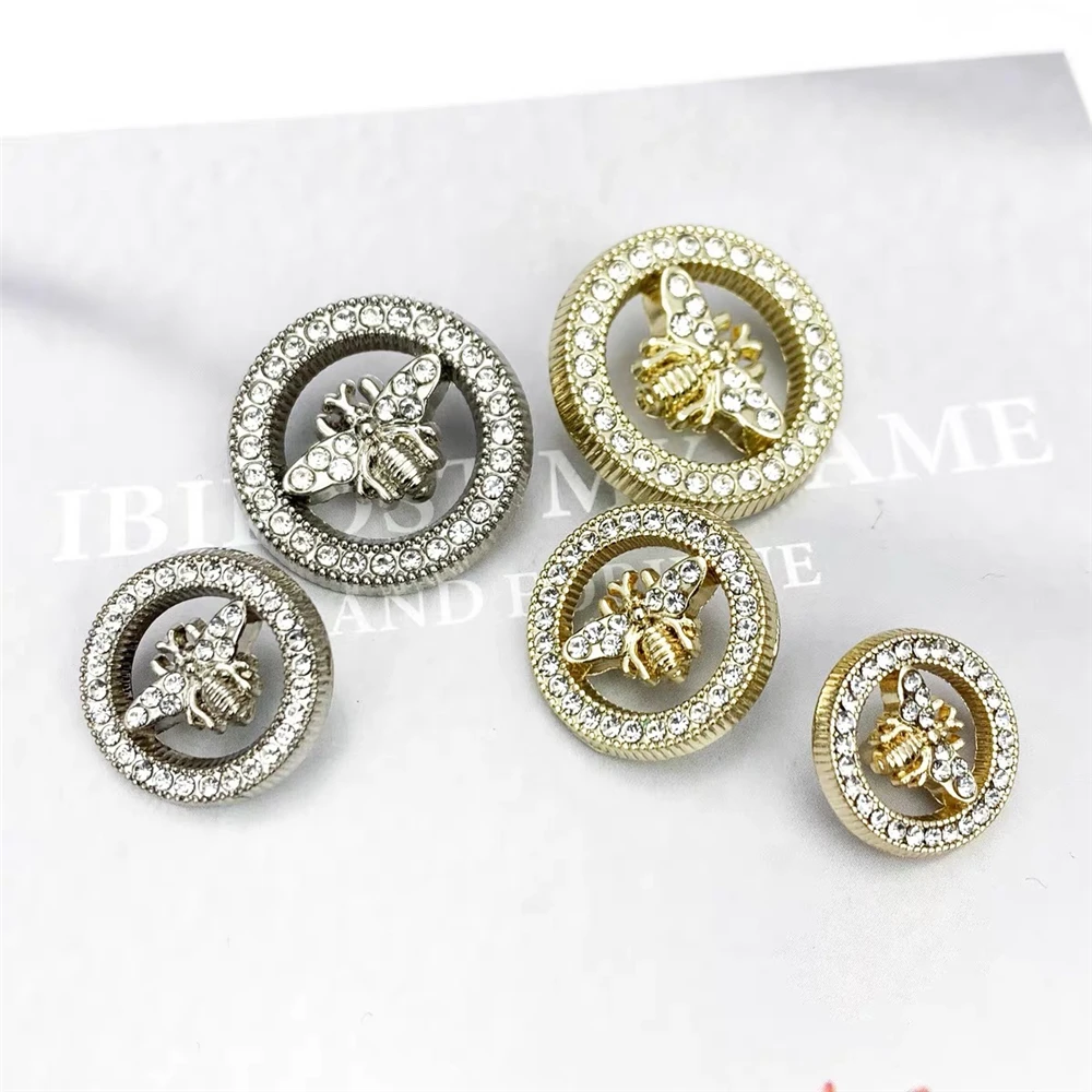 

10pcs Fashion Diamond Bee Design Decorative Buttons for Clothing Fashion Gold Silver Metal Buttons with Rhinestones Coat Buttons