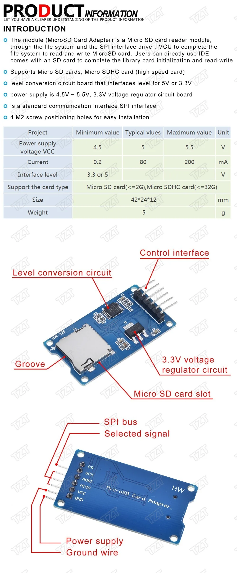 TZT Micro SD Speichererweiterungsplatine Micro SD TF Karte Memory Shield Modul SPI für Arduino – Detail 1