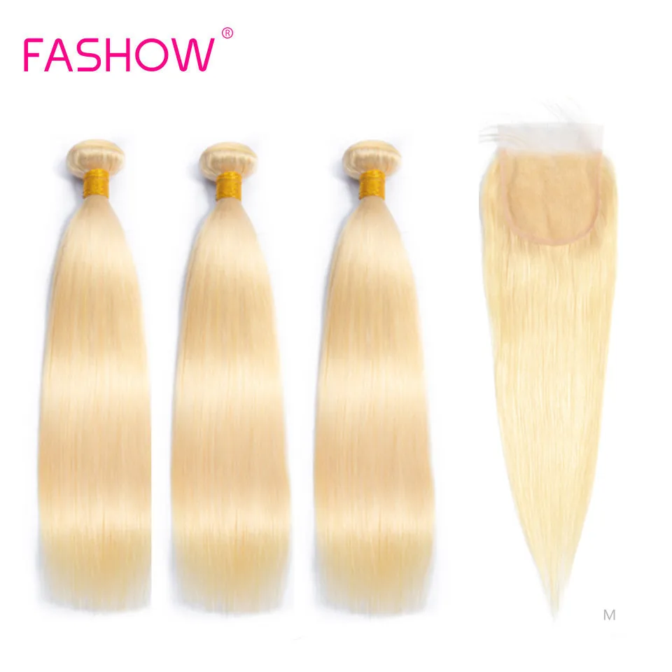 

Fashow 613 Straight Hair 3 Pieces Bundles With Closure 4×4 Swiss Lace 100% Human Hair Honey Blonde Color Brazilian Remy Hair