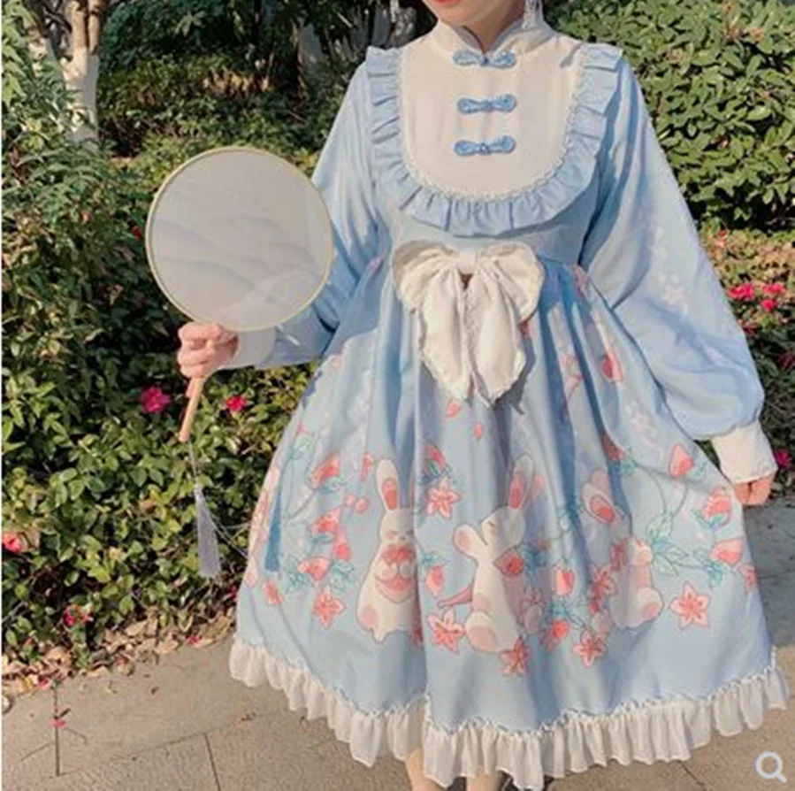 

Sweet princess lolita dress vintage gothic op Soft Girl cosplay Ruffle dress printing cos loli kawaii girl cute high waist dress