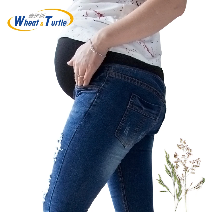 Hot Sale Good Quality Cotton Denim Skinny Maternity Jeans Holes Contrast Stitching Pockets Pencil  For Pregnant Women