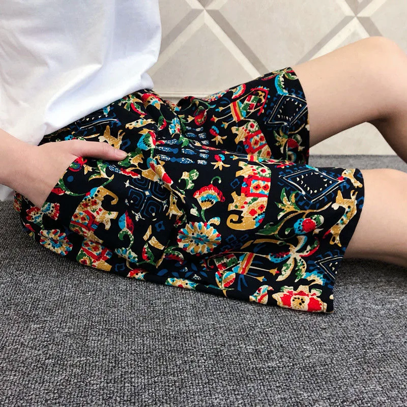 Shorts décontractés pour femmes avec impression de fleurs tropicales, bas de plage, grande taille, impression en coton pour la maison, bas de plage amples