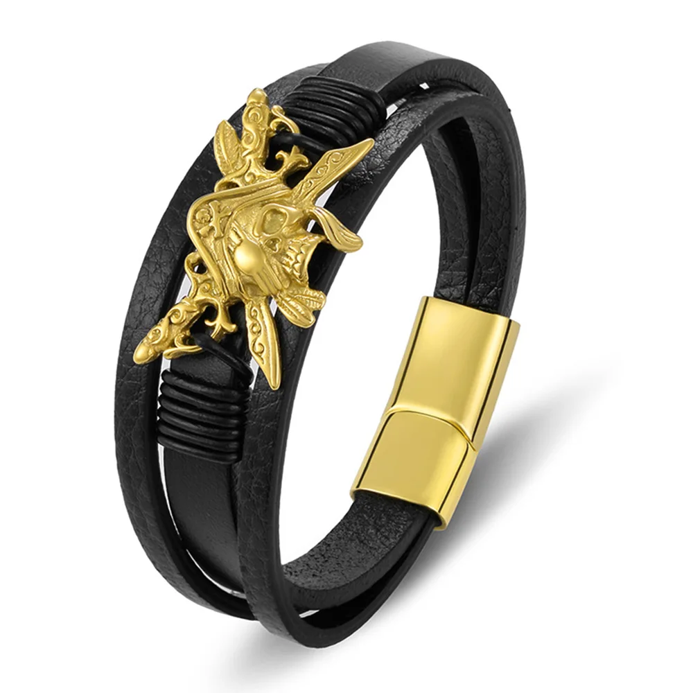 TYO Fashion Luxury Genuine Leather Pirate Bracelet Men Black Magnet Stainless Steel Rope Braided Bangle Jewelry Birthday